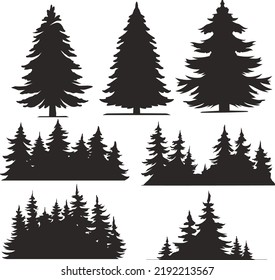 Vintage trees and forest silhouettes set