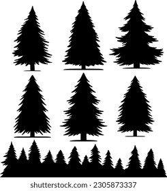 vintage trees and forest silhouettes set