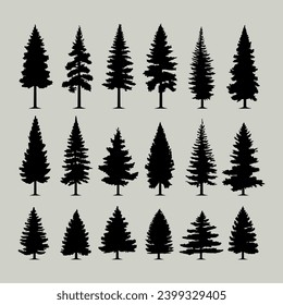 Vintage trees and forest silhouettes set, black pine woods design on white background