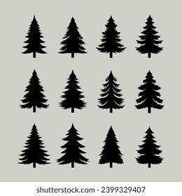 Vintage trees and forest silhouettes set, black pine woods design on white background