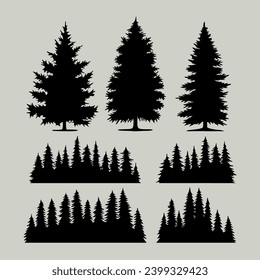 Vintage trees and forest silhouettes set, black pine woods design on white background