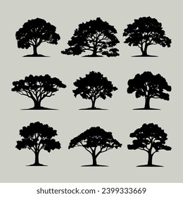 Árboles de vintage y siluetas de bosque, vector de diseño de icono plano sobre fondo blanco