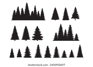 Vintage trees, forest silhouettes set. outline of a coniferous forest. Isolated. . Vector illustration