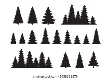 Vintage trees, forest silhouettes set. outline of a coniferous forest. Isolated. . Vector illustration