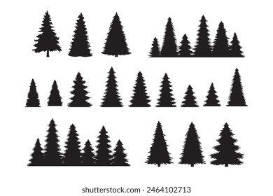 Vintage trees, forest silhouettes set. outline of a coniferous forest. Isolated. . Vector illustration