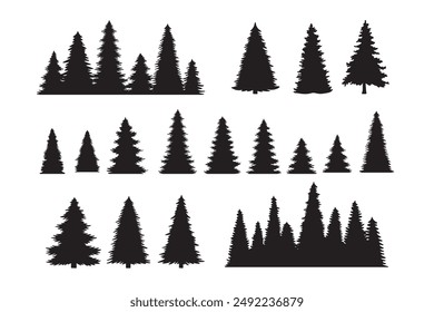 Vintage trees, forest silhouettes set. outline of a coniferous forest. Isolated. . Vector illustration
