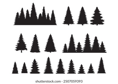 Vintage trees, forest silhouettes set. outline of a coniferous forest. Isolated. . Vector illustration