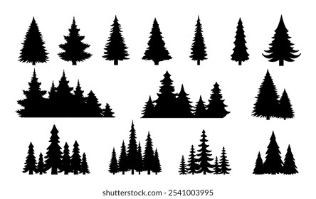 Conjunto de siluetas de bosque de árboles de Antiguas. Pinos negros. Elementos de paisaje natural. Parque público. Plantilla y maquetación. Colección plana del Vector aislada en el fondo blanco