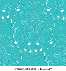 Vintage trees seamless pattern. Light blue elegance forest background with white swirl line art abstract surface 3d trees and leaves silhouettes. Vector luxury texture for fabric, prints, wallpapers