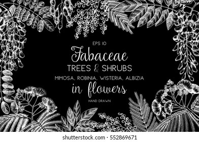 Vintage trees and shrubs in flowers illustration. Valentine's Day or Wedding design template on black background. Vector greeting card with hand drawn wisteria, robinia, silver wattle, albizia sketch. svg