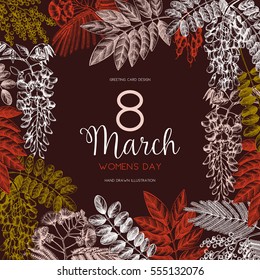 Vintage trees and shrubs in flowers illustration. Valentine's Day or Wedding design template. Vector greeting card with hand drawn wisteria, black locust, silver wattle, albizia sketch.