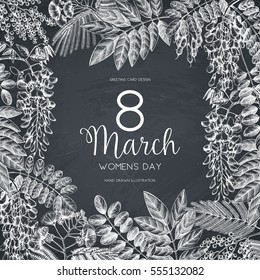 Vintage trees and shrubs in flowers illustration. Valentine's Day or Wedding design template. Vector greeting card with hand drawn wisteria, black locust, silver wattle, albizia sketch. On chalkboard.