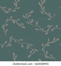 Vintage Trellis Seamless Pattern In Earthy Green Colours. Long Stems With Foliage On A Pastel Neutral Background For Bedsheet Fabric, Book End Paper Or Wallpaper.