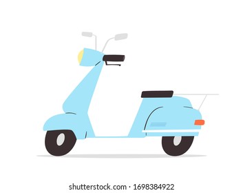 Vintage trendy blue scooter. Old style retro motorbike, city motorcycle, trendy electric bike, delivery moped. Personal transport vehicle. Vector illustration isolated on white background  