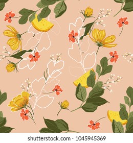 Vintage Trendy bright Summer blooming garden outline and hand painting flowers many kind of floral in seamless pattern vector illustration on pink background