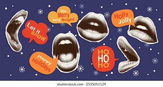 Vintage trendy open mouth stickers with halftone effect. Festive design elements for collage. Bubble speech with wishes for a Happy New Year and Christmas.