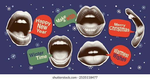 Vintage trendy open mouth stickers with halftone effect. Festive design elements for collage. Bubble speech with wishes for a Happy New Year and Christmas.