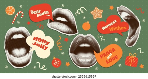 Vintage trendy open mouth stickers with halftone effect. Festive design elements for collage. Bubble speech with wishes for a Happy New Year and Christmas.