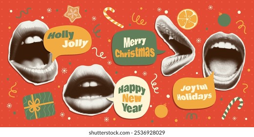 Vintage trendy open mouth stickers with halftone effect. Festive design elements for collage. Bubble speech with wishes for a Happy New Year and Christmas.