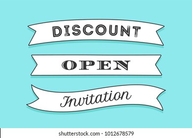 Vintage trendy ribbon with text Discount, Open, Invitation on color background. Colorful old banner with ribbon, hand-drawn element for design - banners, posters, gift cards. Vector Illustration