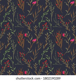 Vintage and trendy Seamless Pattern flowers and botanical elements. Isolated on black color. Botanical Floral Decoration Texture. Vintage Style Design for Fabric Print, Wallpaper Background