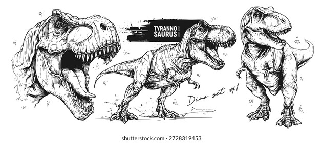 Estudio de Antiguas TRex en tinta, boceto dibujado a mano de tinta dinámica de la cabeza y la postura de TRex, representaciones exageradas de tinta de TRex que demuestran una expresión feroz y dientes detallados con etiqueta vintage