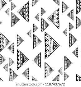 Vintage triangle abstract pattern with ethnic tribal monochrome colors. Black and white popular bohemian style. Vector illustration for fashion wrapping and textile print.