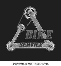 Vintage triangle label with silver steel gears, metal rails, rivets, text. Emblem for repair bike service in vintage steampunk style. Good for craft design.