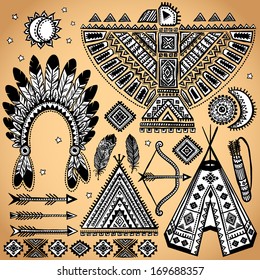 Vintage Tribal native American set of symbols 