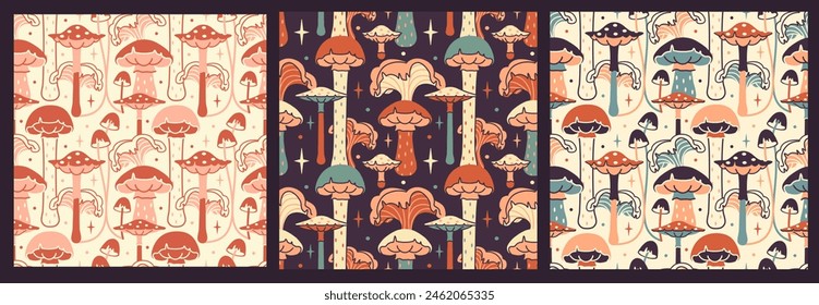 Vintage tricky set of seamless pattern with fungi. Fun playful floral backdrop. Intricate rustic backgrounds with agaric, toadstools.