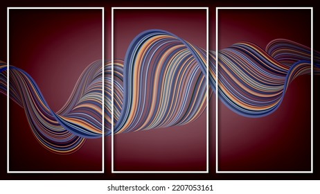 Vintage Triptych. Intertwining Multi-colored Smooth Lines On A Halftone Background. Three Images In White Thin Frames. Author's Work. Vector.