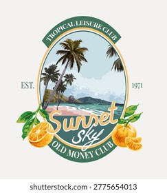 vintage troipical beach and oranges art style in oval frame graphic vector illustration