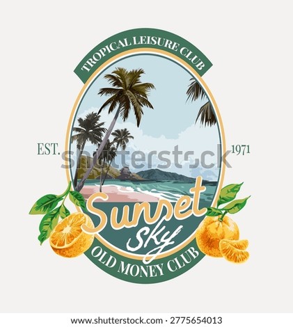 vintage troipical beach and oranges art style in oval frame graphic vector illustration