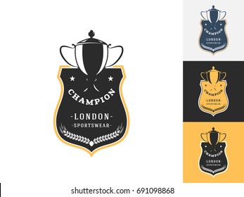 Vintage Trophy Logo Design Template. Vector Logotype Elements, Icons, Symbols, Retro Labels, Badges And Silhouettes. Vector Illustration