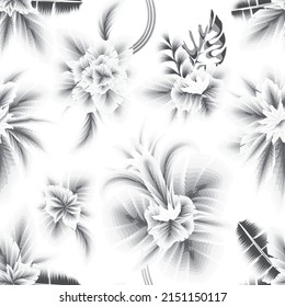 vintage tropic botanical seamless pattern on white background. black and white. Hand drawn summer floral background. Botanical seamless pattern made of abstract flowers. Summer design. nature art 