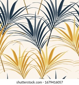 Vintage tropic leaves pattern design. Cool floral wallpaper. Yellow blue colors.