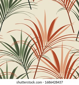 Vintage Tropic Leaves Pattern Design. Cool Floral Wallpaper. Green Brown Colors On Light Background.