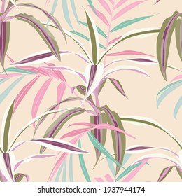 Vintage tropic leaves pattern design. Cool floral wallpaper. Beige pink colors on light background.