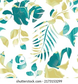 Vintage tropic leaves seamless pattern design on white background. abstract seamless tropical plants leaves with nature element on frame. tropical wallpaper pattern. jungle plant illustration