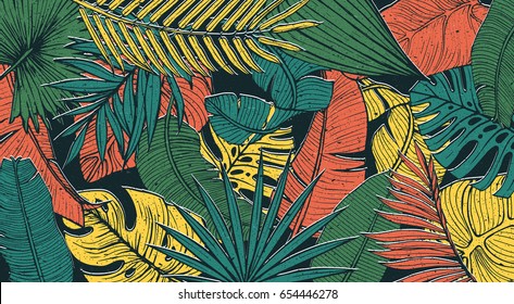 Vintage tropic pattern design. Cool floral wallpaper with grunge texture. Eps10 vector.