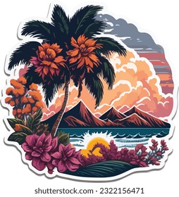 Vintage tropical art of colorful clean beach island logo design