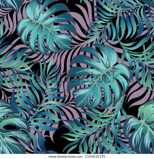 Vintage Tropical Background Palm Leaves Flowers Stok Vektör (Telifsiz