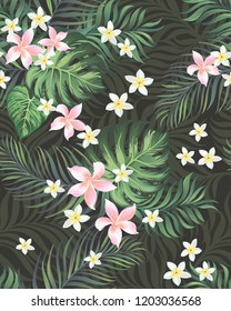 Vintage tropical background. Seamless vector pattern with palm leaves and jungle flowers.