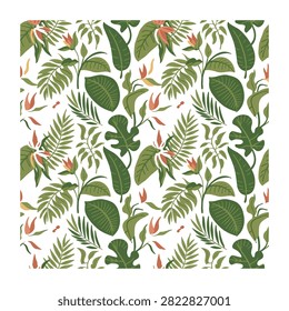 Vintage tropical botanical seamless pattern with Bird of Paradise flowers, monstera, and lush exotic foliage in muted green and orange tones. Elegant jungle vector background for high-end textiles.