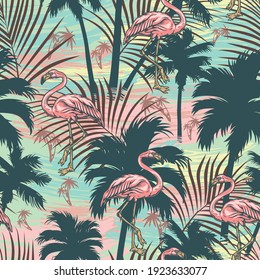 Vintage tropical colorful seamless pattern with pink flamingo palm trees silhouettes and exotic leaves vector illustration