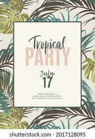 Vintage tropical design with exotic monstera and royal palm leaves, blue macaws and branches. Vector illustration.