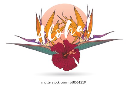 Vintage tropical exotic Hawaii print for t-shirt with slogan.