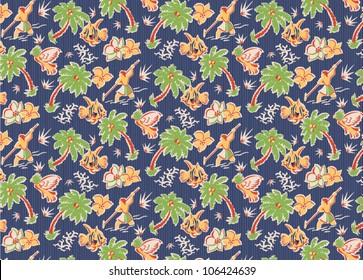 vintage tropical fabric pattern with parrots, fish, flowers, spear fishermen, palm trees