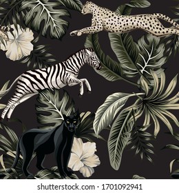 Vintage Tropical Floral Leaves , Hibiscus Flower, Black Panther, Zebra, Cheetah Running Wildlife Animal Floral Seamless Pattern Black Background. Exotic Safari Night Wallpaper.