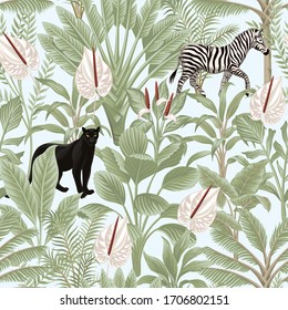 Vintage tropical floral palm leaves , banana tree, anthurium flower, black panther, zebra wildlife animal seamless pattern blue background. Exotic summer wallpaper.